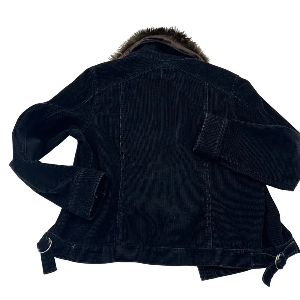 Women's Black Corduroy Jacket y2k Faux Fur Detachable Collar French Cuff Size PL